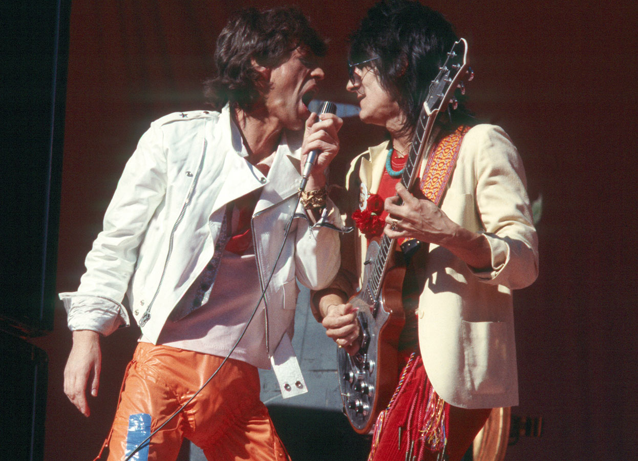 Mick Jagger and Ron Wood of The Rolling Stones performing live in concert
